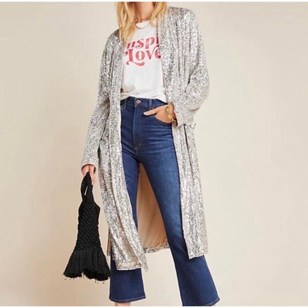 BB Dakota Steve Madden Sequin Duster Cardigan Women Medium Silver Excellent